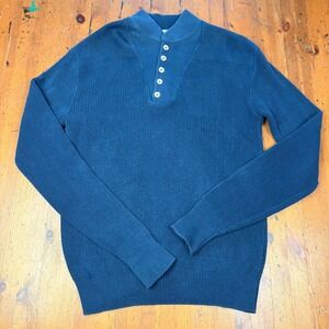 LL Bean Mens M Tall Long Henley Sweater Blue Ribbed Mock Neck Cotton Vintage USA